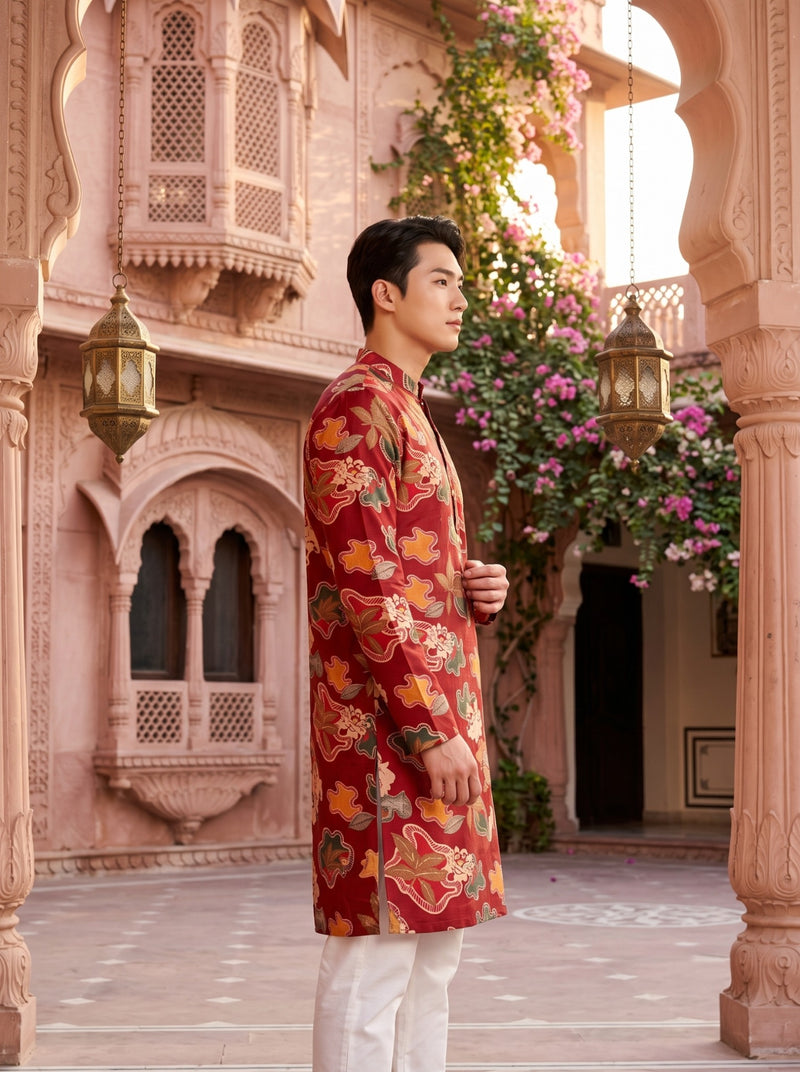 Men's Red Abstract Floral Printed Viscose Rayon Kurta 4