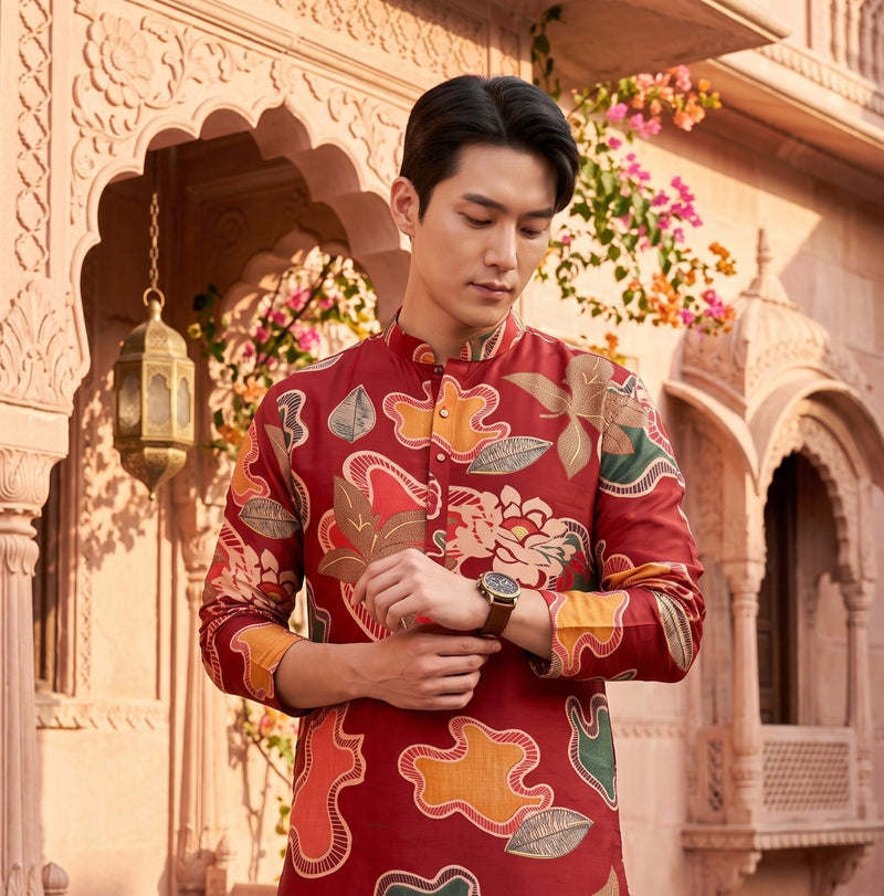 Men's Red Abstract Floral Printed Viscose Rayon Kurta 11