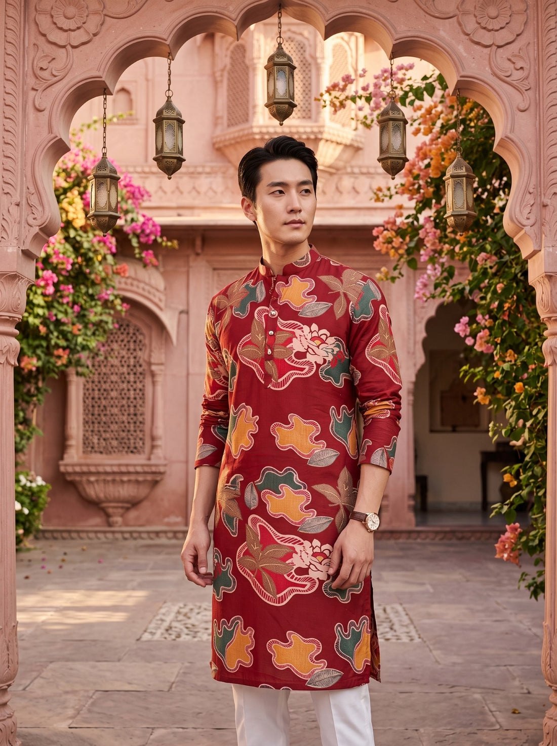 TB_21155 red floral kurta styled with white trousers in a courtyard, standing front view