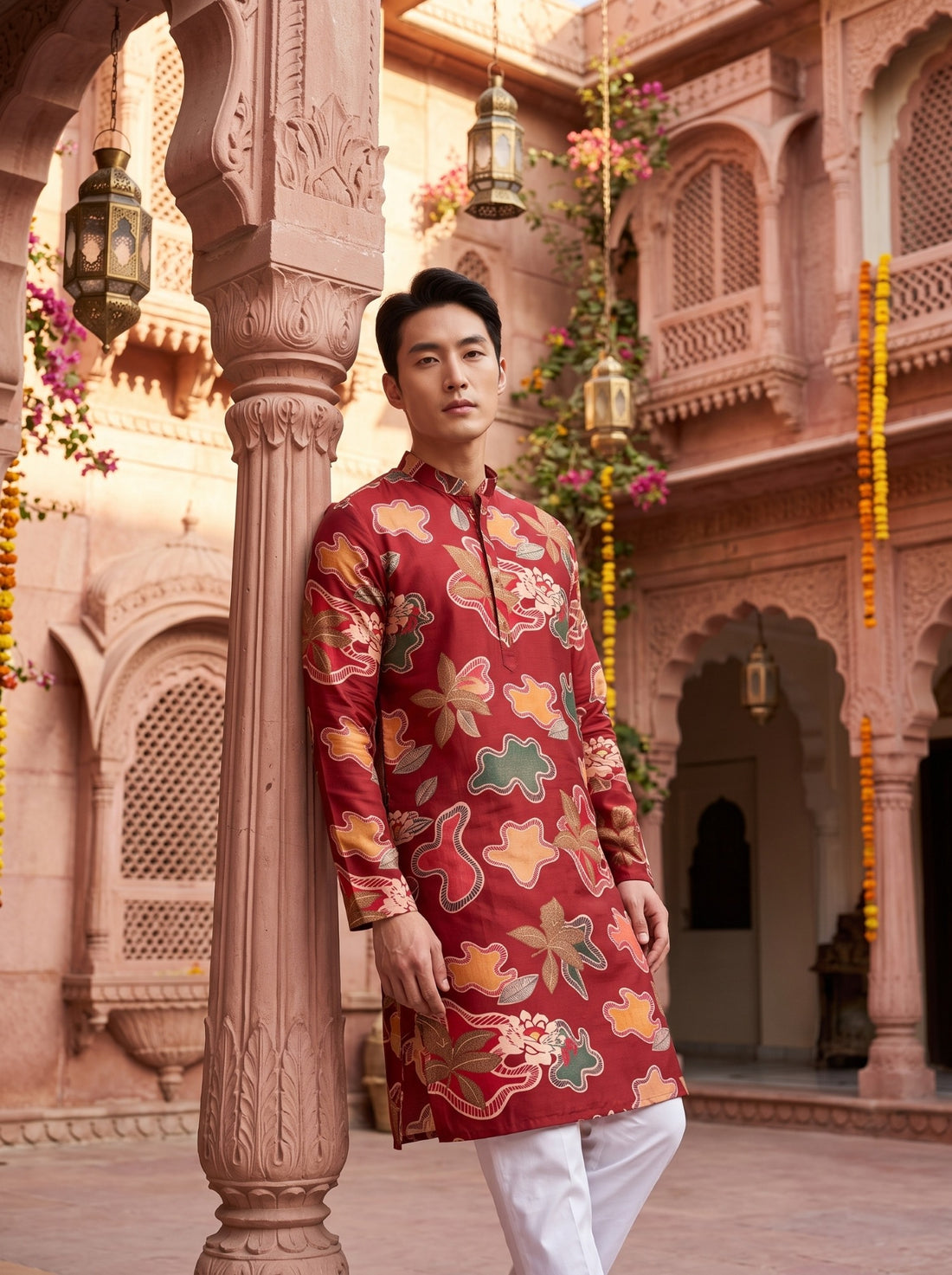 Three-quarter view of TB_21155 men's red abstract floral kurta showing the straight knee-length silhouette