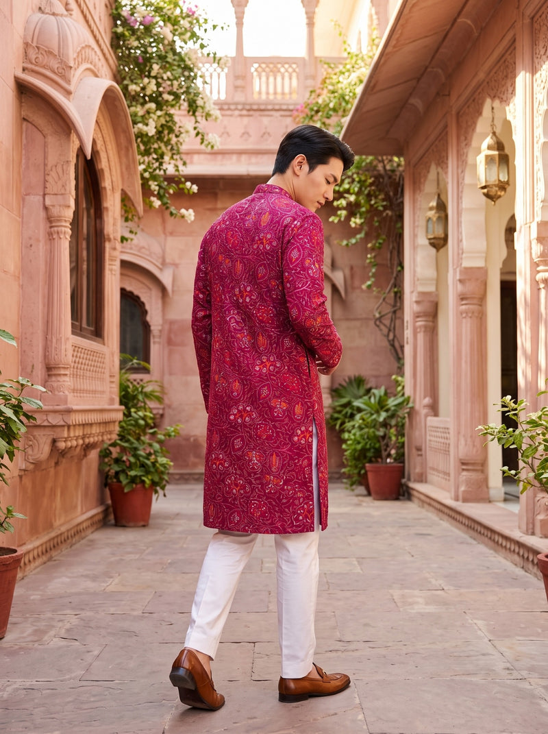 Men's Magenta Paisley Printed Viscose Rayon Kurta 3