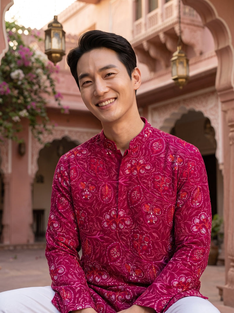 Men's Magenta Paisley Printed Viscose Rayon Kurta 2
