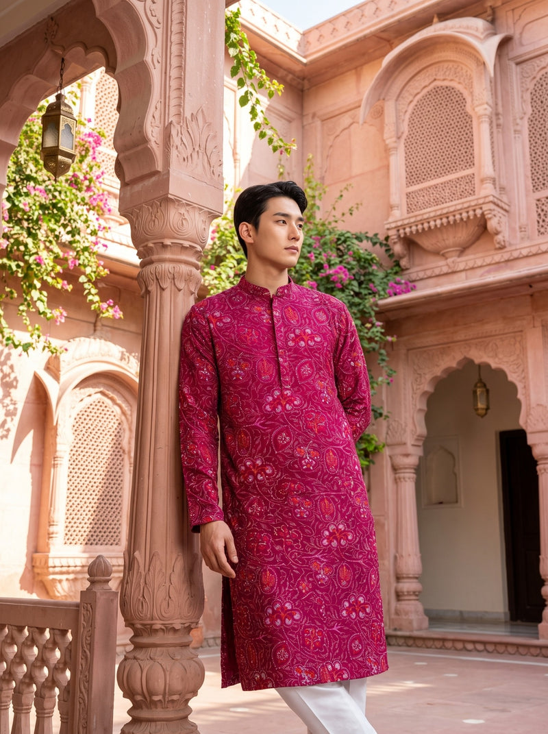 Men's Magenta Paisley Printed Viscose Rayon Kurta 6