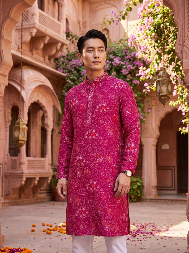 Men's Magenta Paisley Printed Viscose Rayon Kurta 8