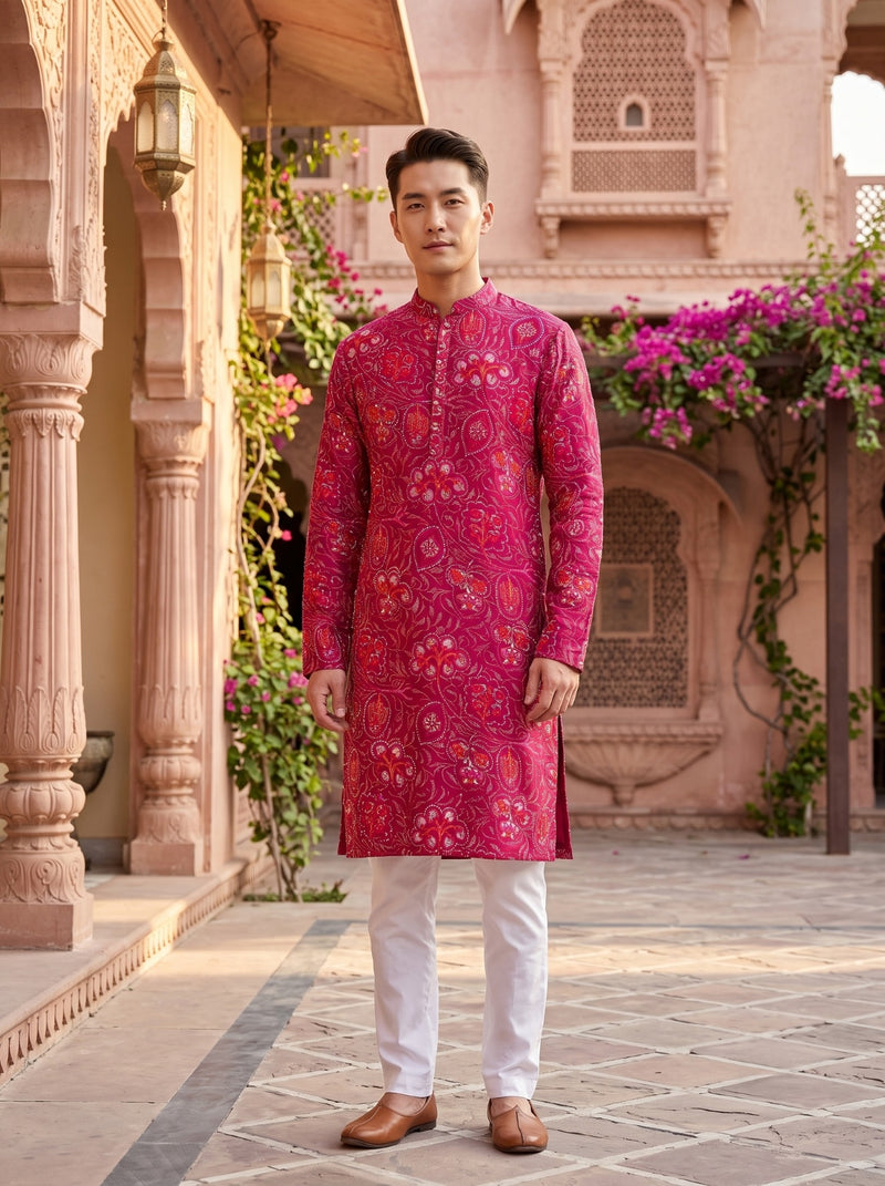 Men's Magenta Paisley Printed Viscose Rayon Kurta 1