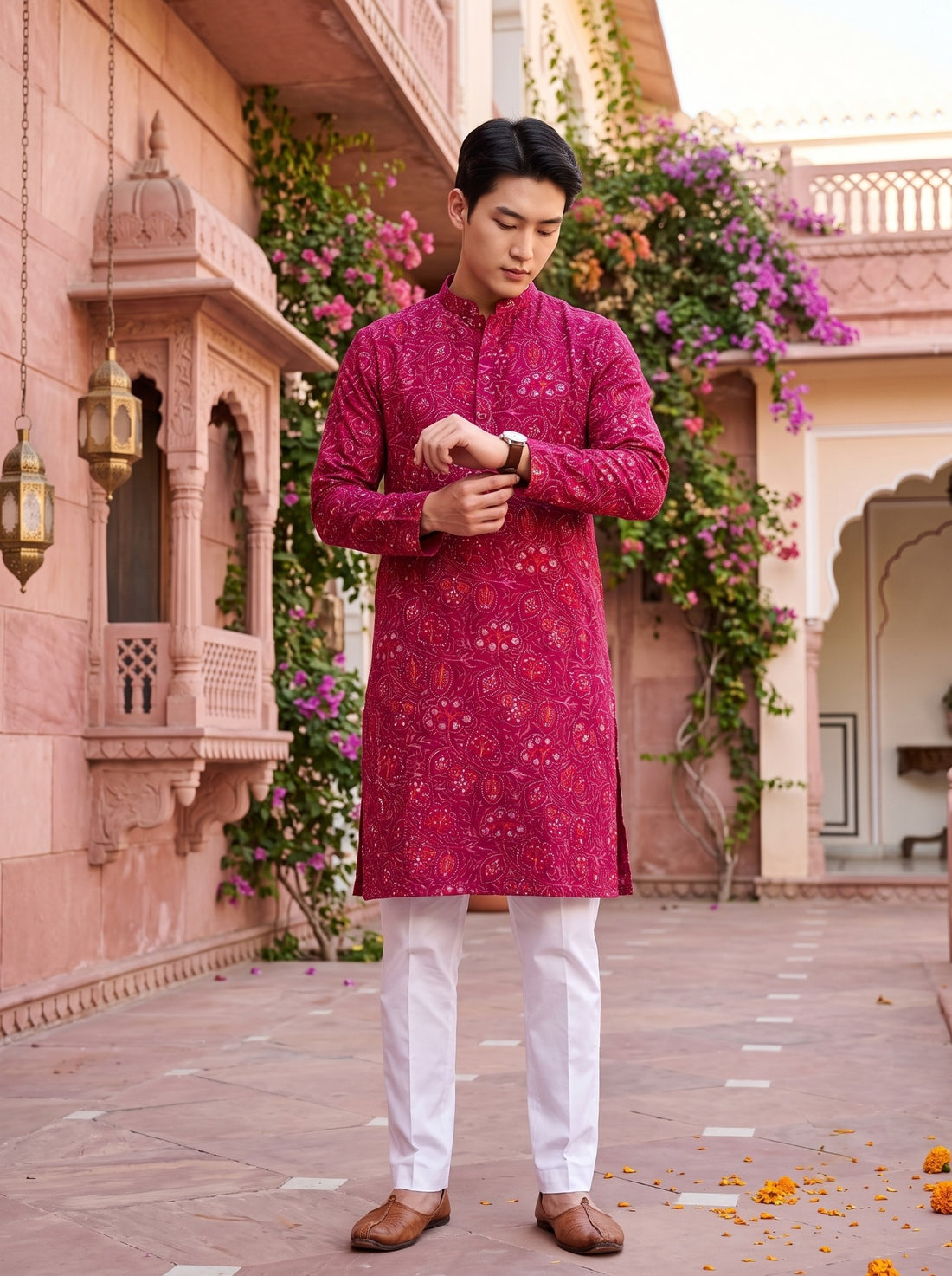 Full-length styling view of TryBuy TB_21156 magenta paisley kurta with white trousers and brown shoes