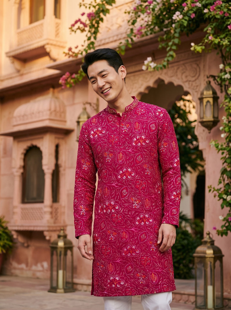 Men's Magenta Paisley Printed Viscose Rayon Kurta 5