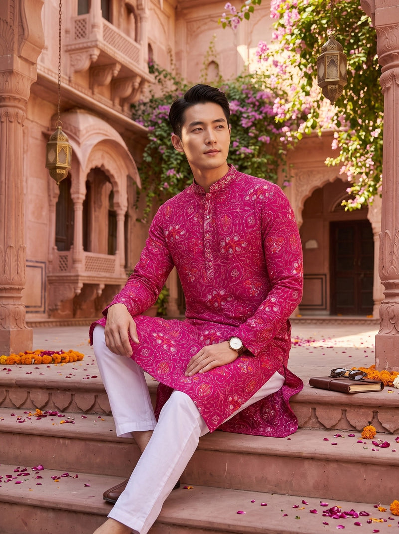 Men's Magenta Paisley Printed Viscose Rayon Kurta 9