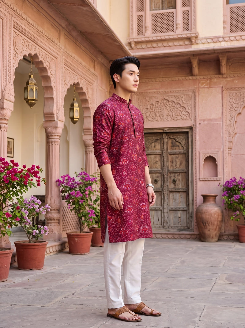 Men's Magenta Paisley Printed Viscose Rayon Kurta 4