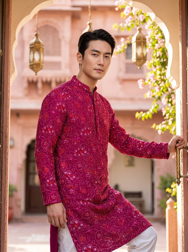 Men's Magenta Paisley Printed Viscose Rayon Kurta 7