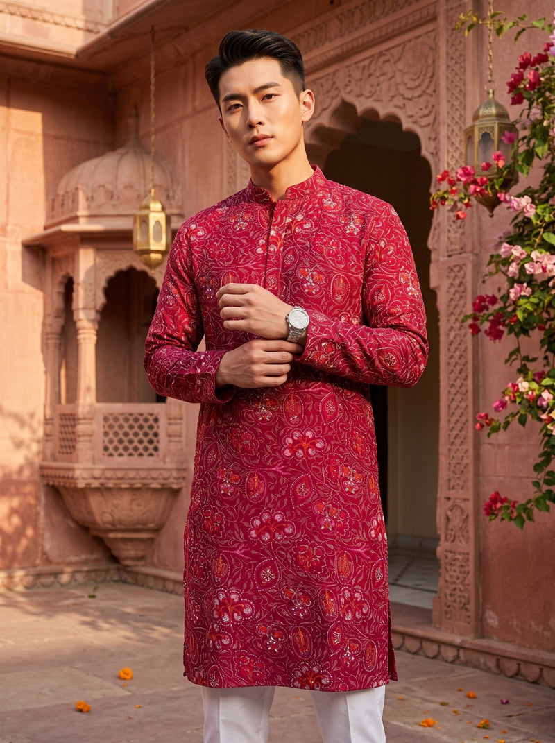 Men's Magenta Paisley Printed Viscose Rayon Kurta 11