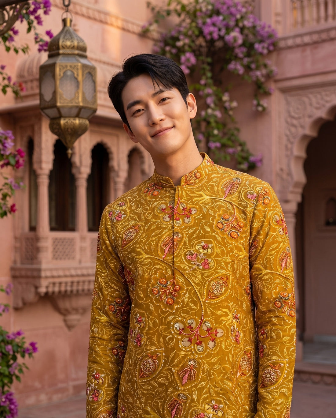 TryBuy TB_21157 men's mustard paisley printed kurta, close front view showing button placket and multicolor paisley floral print