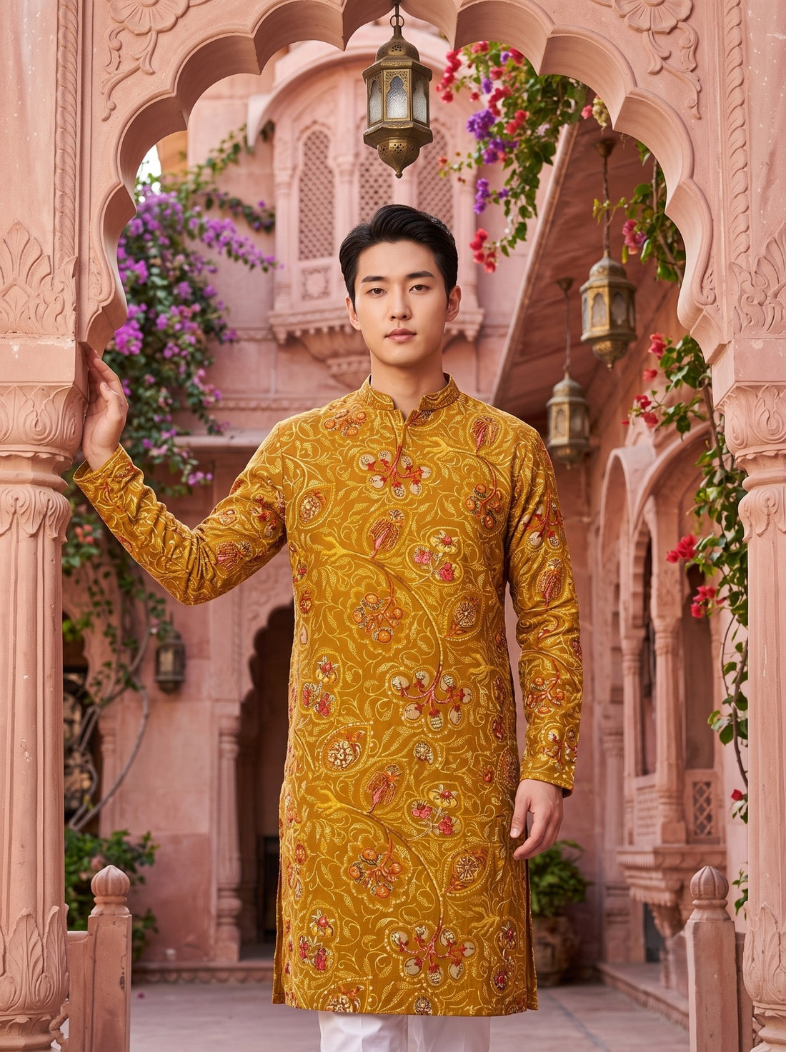 TryBuy TB_21157 men's mustard paisley printed kurta, front fit view showing long sleeves and regular silhouette
