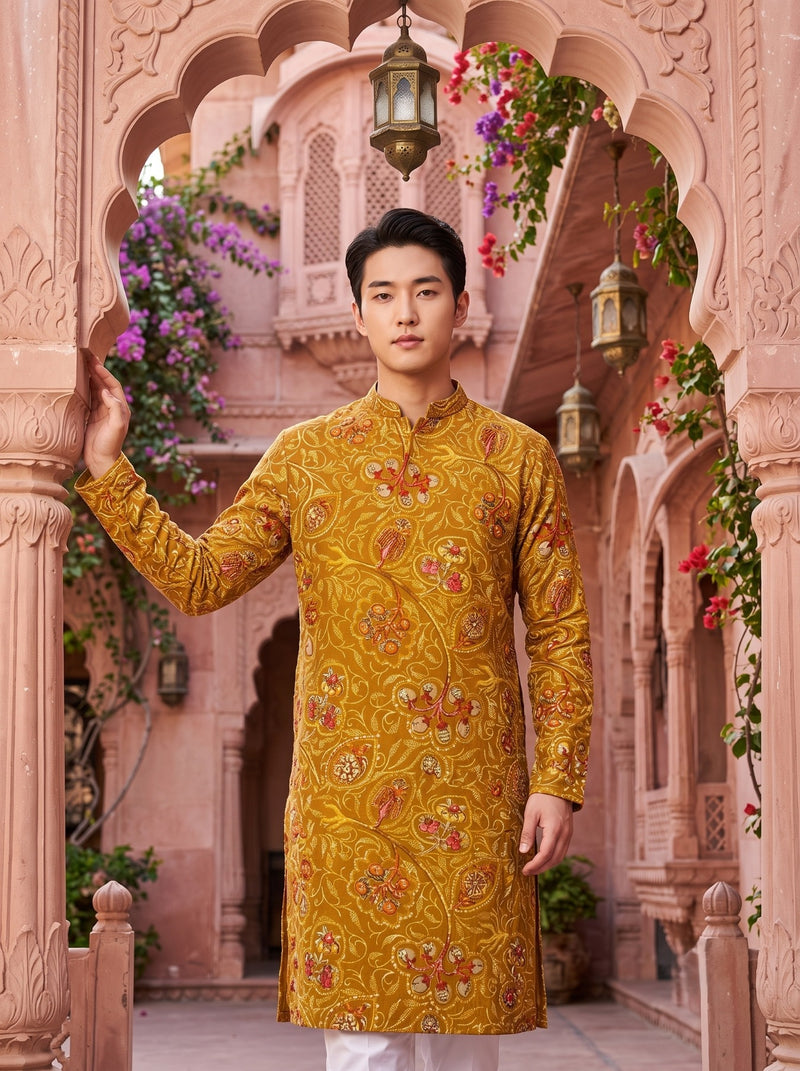 Men's Mustard Paisley Printed Viscose Rayon Kurta 6