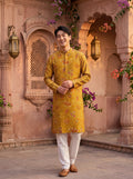 Men's Mustard Paisley Printed Viscose Rayon Kurta