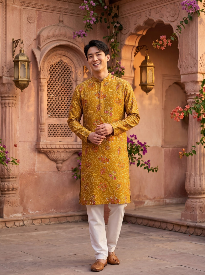 Men's Mustard Paisley Printed Viscose Rayon Kurta 1