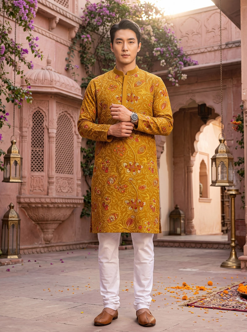 Men's Mustard Paisley Printed Viscose Rayon Kurta 9