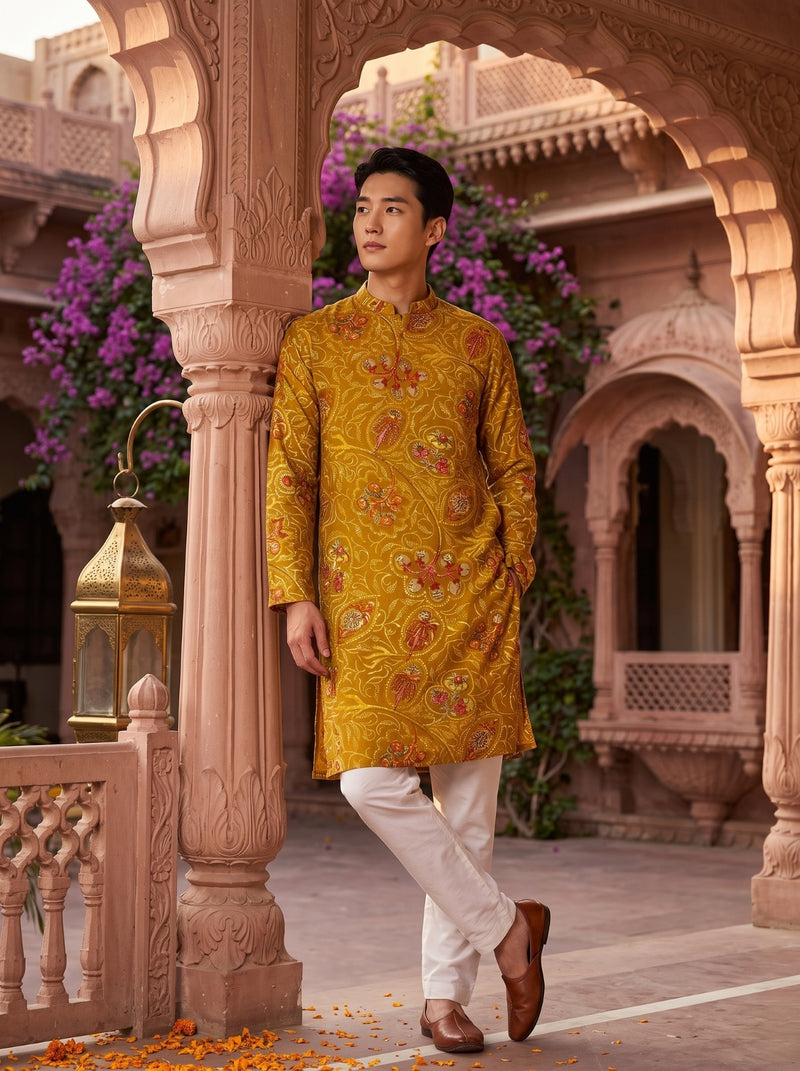 Men's Mustard Paisley Printed Viscose Rayon Kurta 5