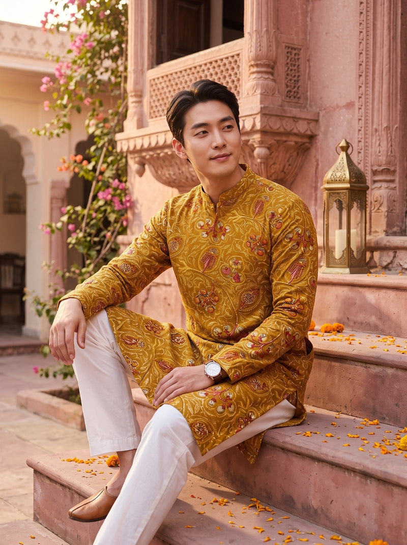 Men's Mustard Paisley Printed Viscose Rayon Kurta 8