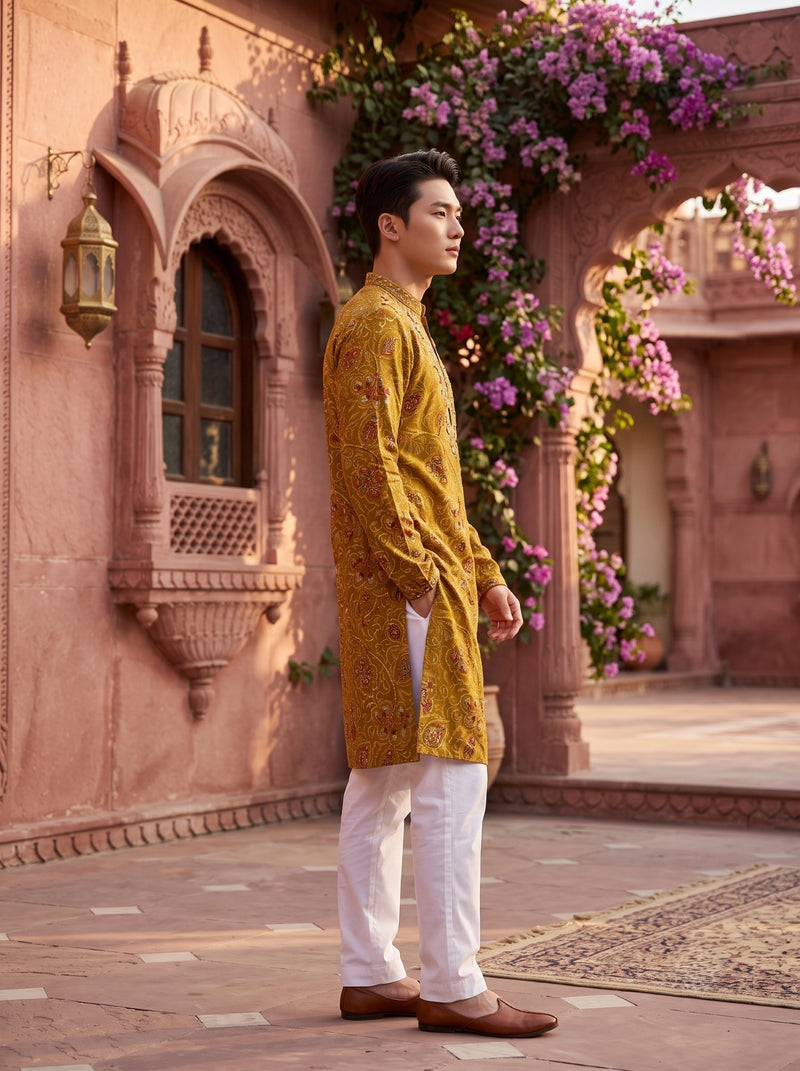 Men's Mustard Paisley Printed Viscose Rayon Kurta 4