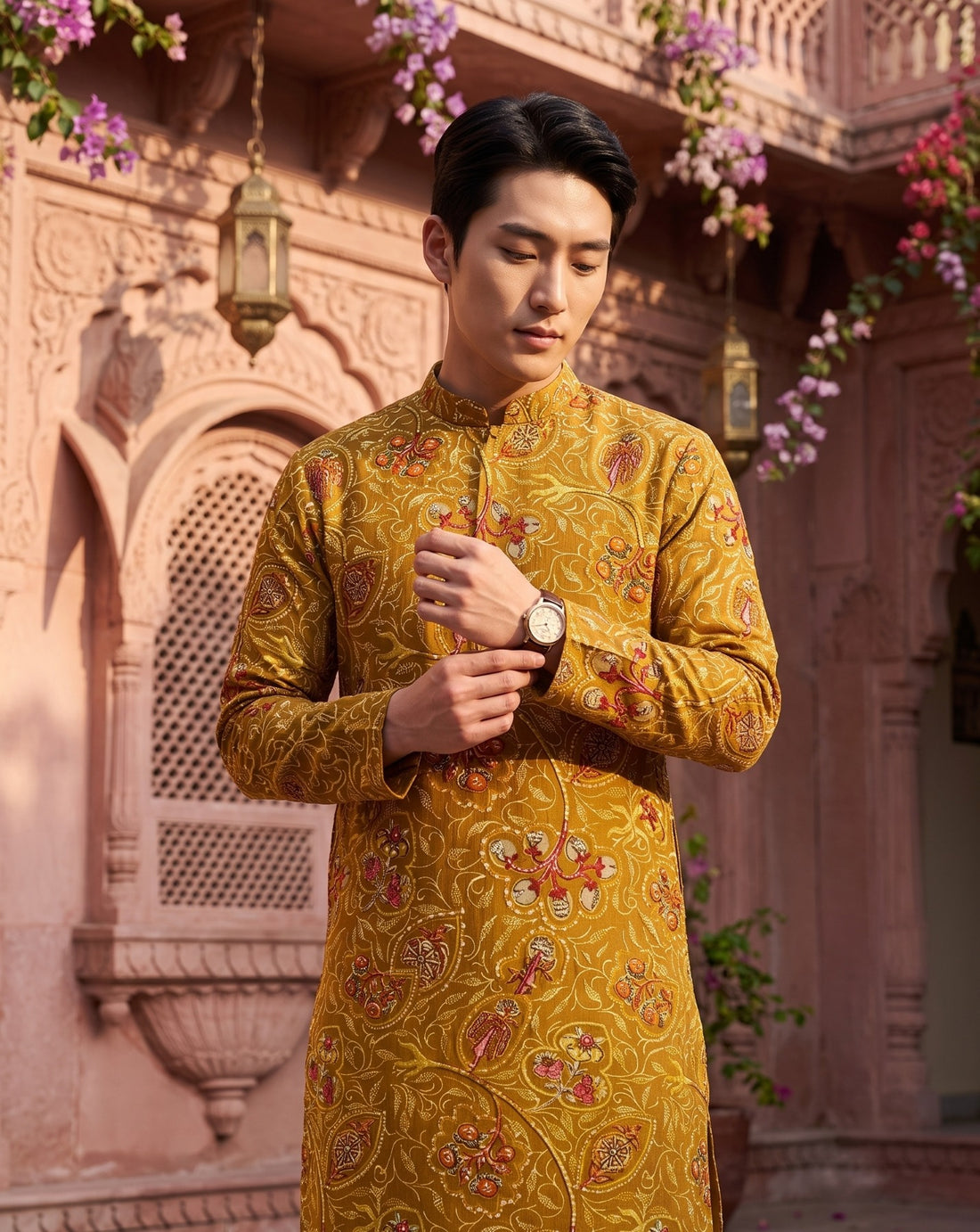 TryBuy TB_21157 men's mustard paisley printed kurta, sleeve and upper-body detail showing full sleeves and button placket