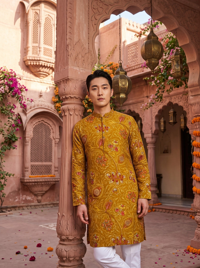 Men's Mustard Paisley Printed Viscose Rayon Kurta 7