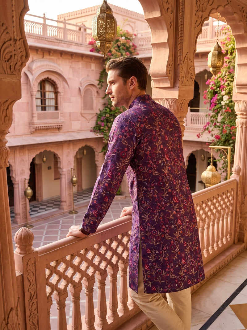 Men's Purple All-Over Floral Embroidered Cotton Blend Kurta 10