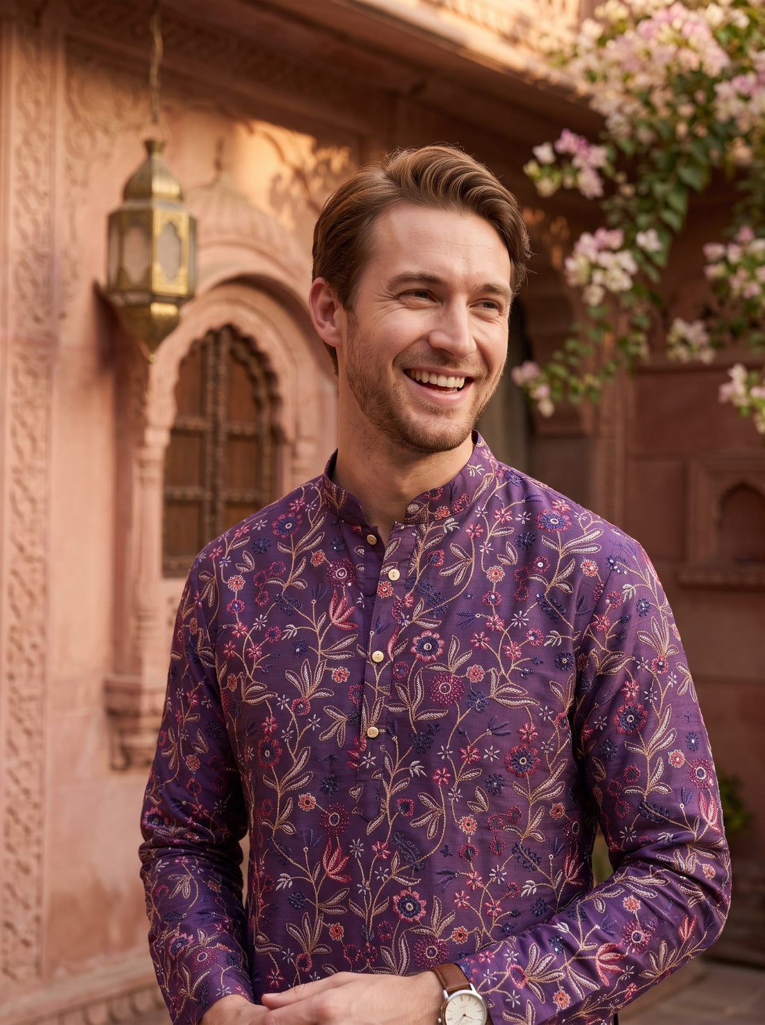 Close-up of TB_21159 purple embroidered kurta showing the mandarin collar, button placket and multicolour floral threadwork