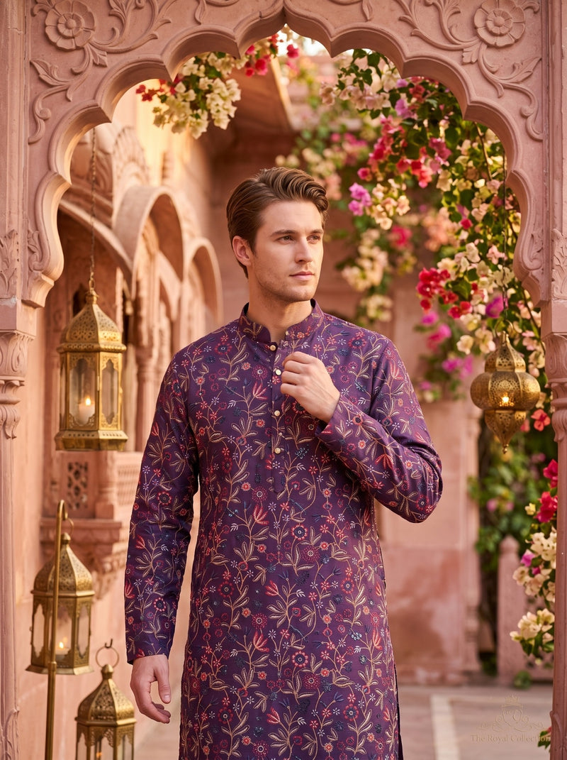 Men's Purple All-Over Floral Embroidered Cotton Blend Kurta 7