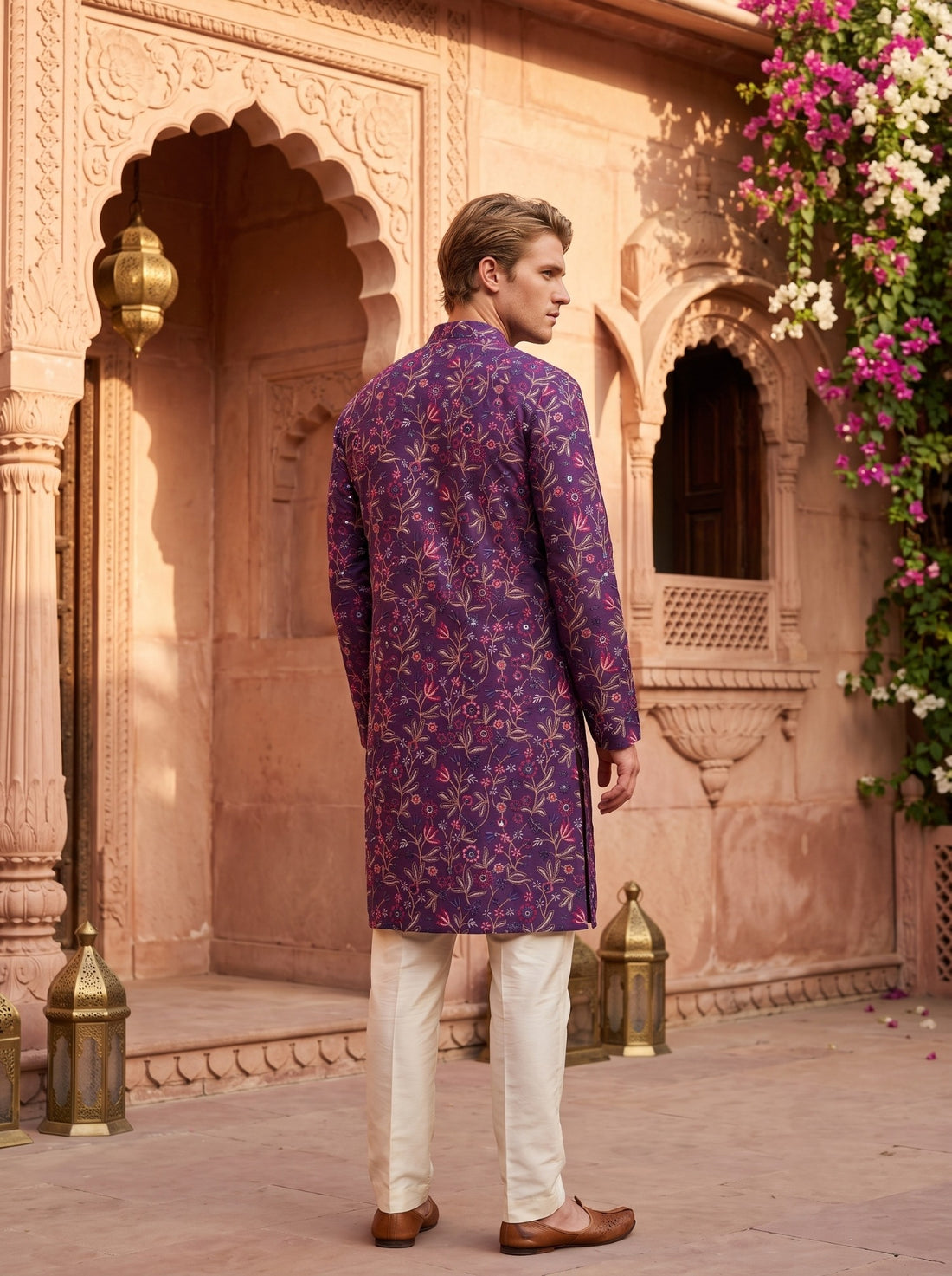 Full back view of TryBuy TB_21159 purple kurta showing floral-vine embroidery across the back and sleeves