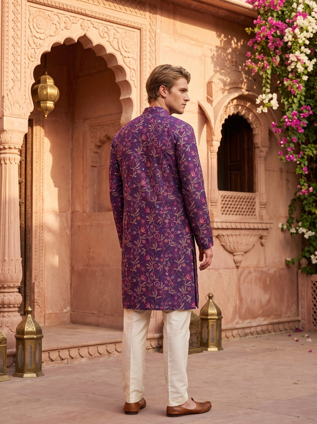 Full back view of TryBuy TB_21159 purple kurta showing floral-vine embroidery across the back and sleeves