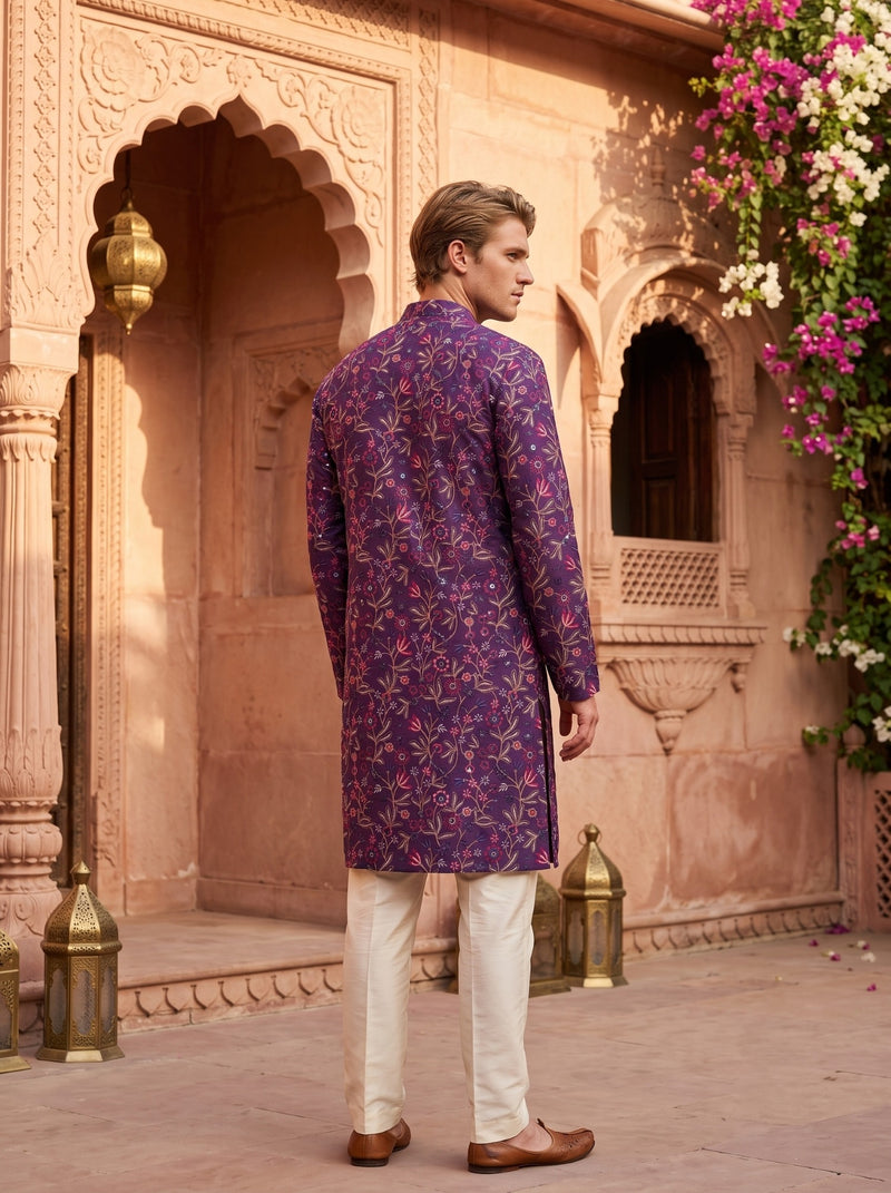 Men's Purple All-Over Floral Embroidered Cotton Blend Kurta 3