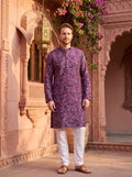 Men's Purple All-Over Floral Embroidered Cotton Blend Kurta
