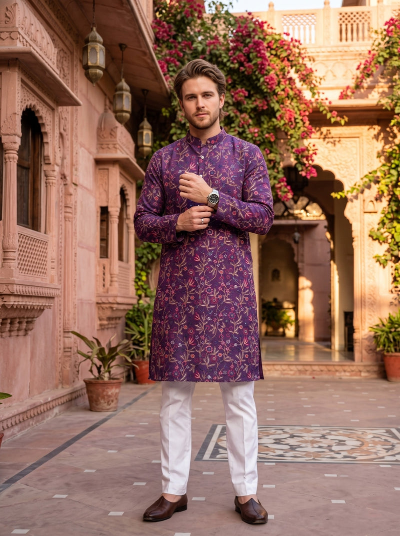 Men's Purple All-Over Floral Embroidered Cotton Blend Kurta 8