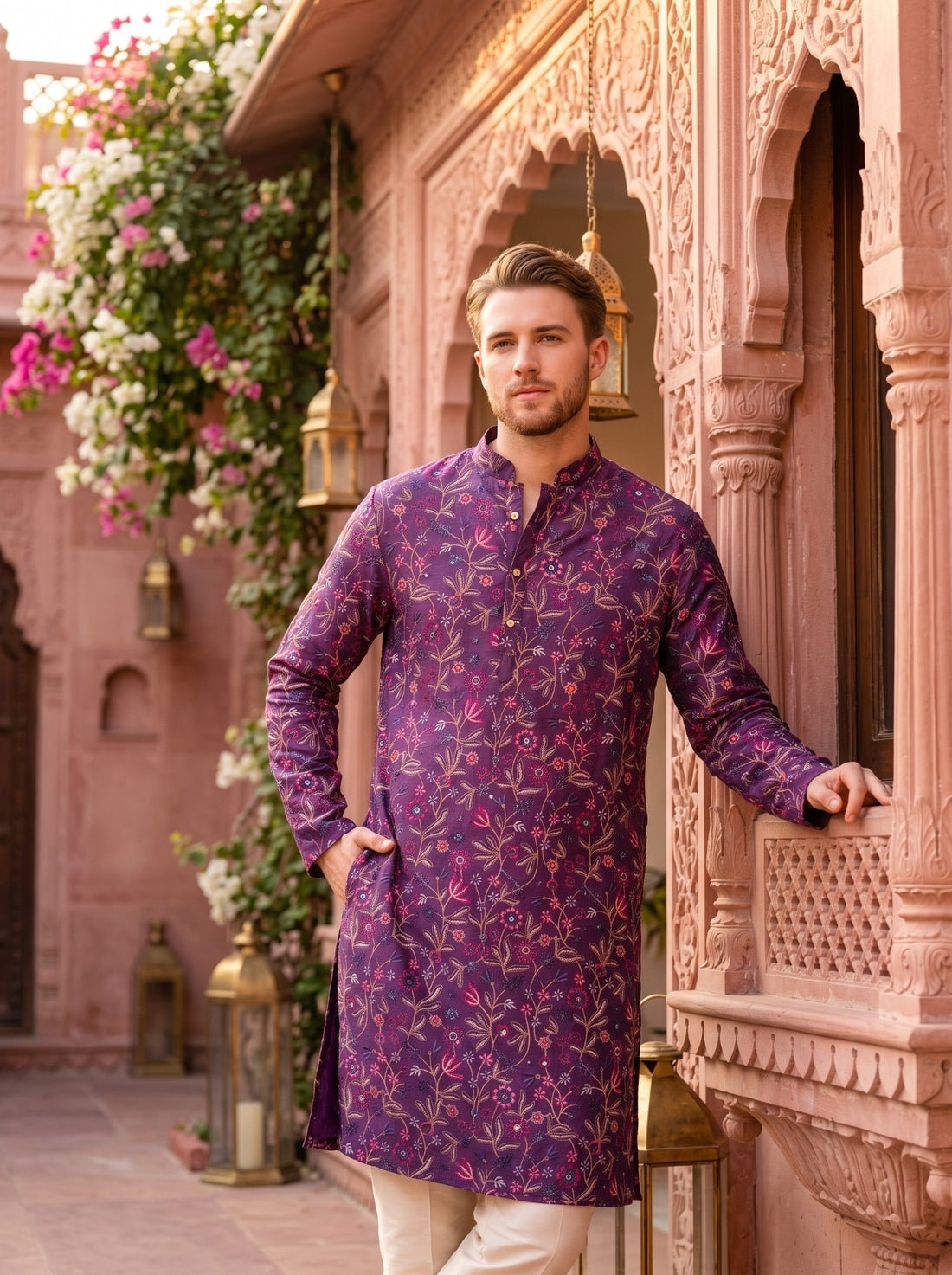 TryBuy TB_21159 purple embroidered kurta showing a side pocket, full sleeves and short button placket