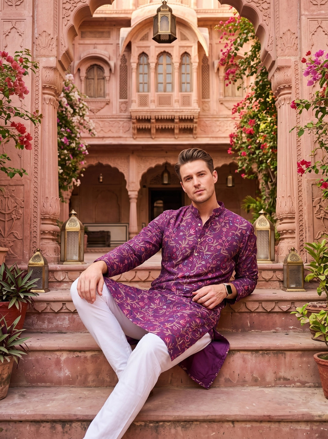 Seated view of TB_21159 purple floral embroidered kurta showing the knee-length silhouette and side slit