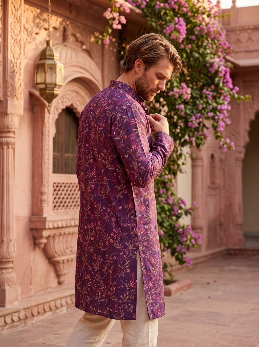 Side view of TB_21159 purple floral embroidered kurta showing the side slit and straight hem