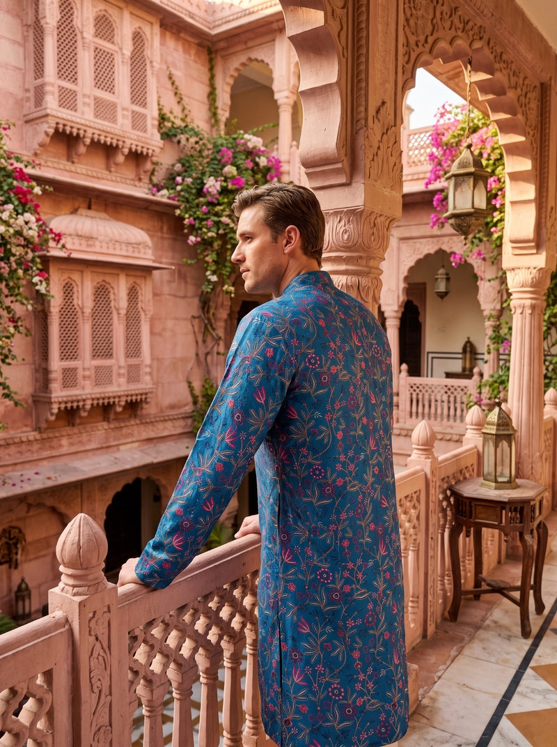 Men’s Teal Blue All-Over Floral Embroidered Cotton Blend Kurta 9