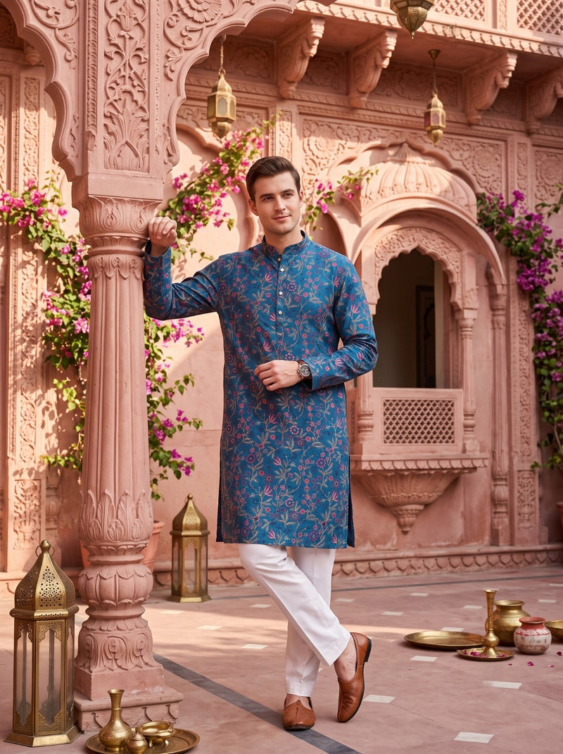 Men’s Teal Blue All-Over Floral Embroidered Cotton Blend Kurta 6