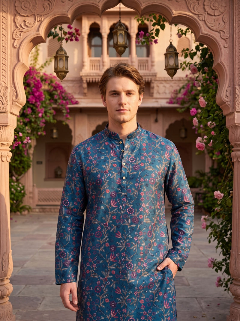 Men’s Teal Blue All-Over Floral Embroidered Cotton Blend Kurta 3
