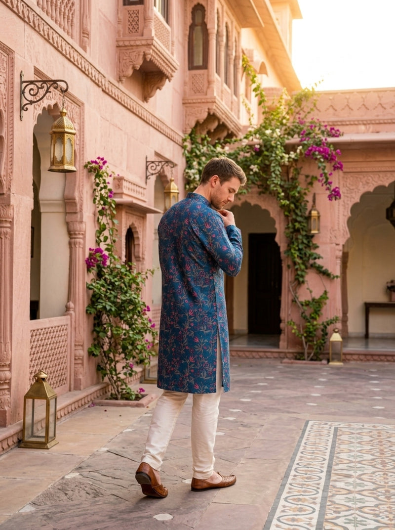 Men’s Teal Blue All-Over Floral Embroidered Cotton Blend Kurta 7