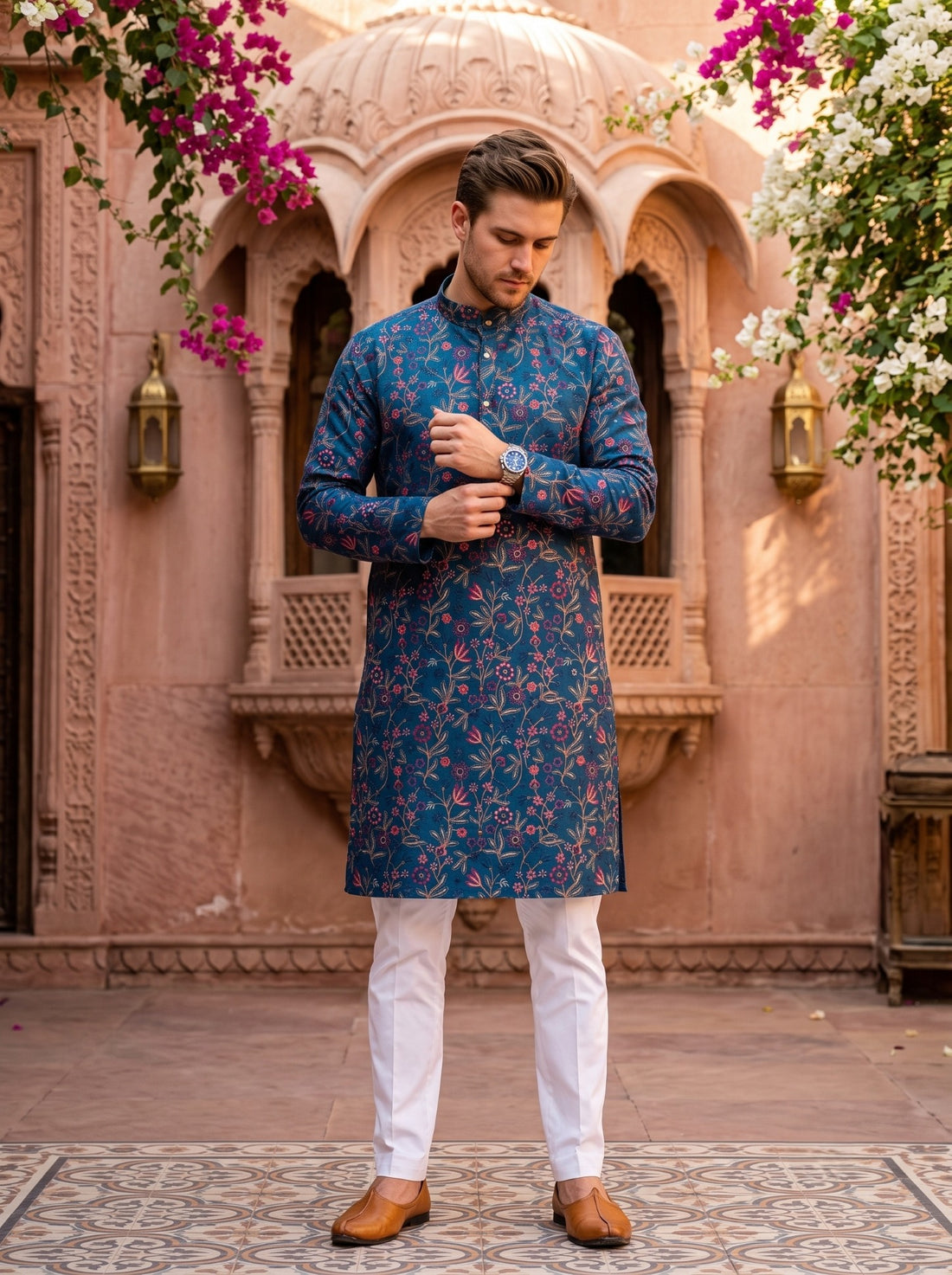 TB_21160 teal blue embroidered kurta, full-length front view with sleeve and straight hem detail.