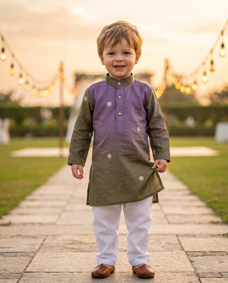 Boys Lavender & Olive Embroidered Lachka Kurta – 2–3 Years 6