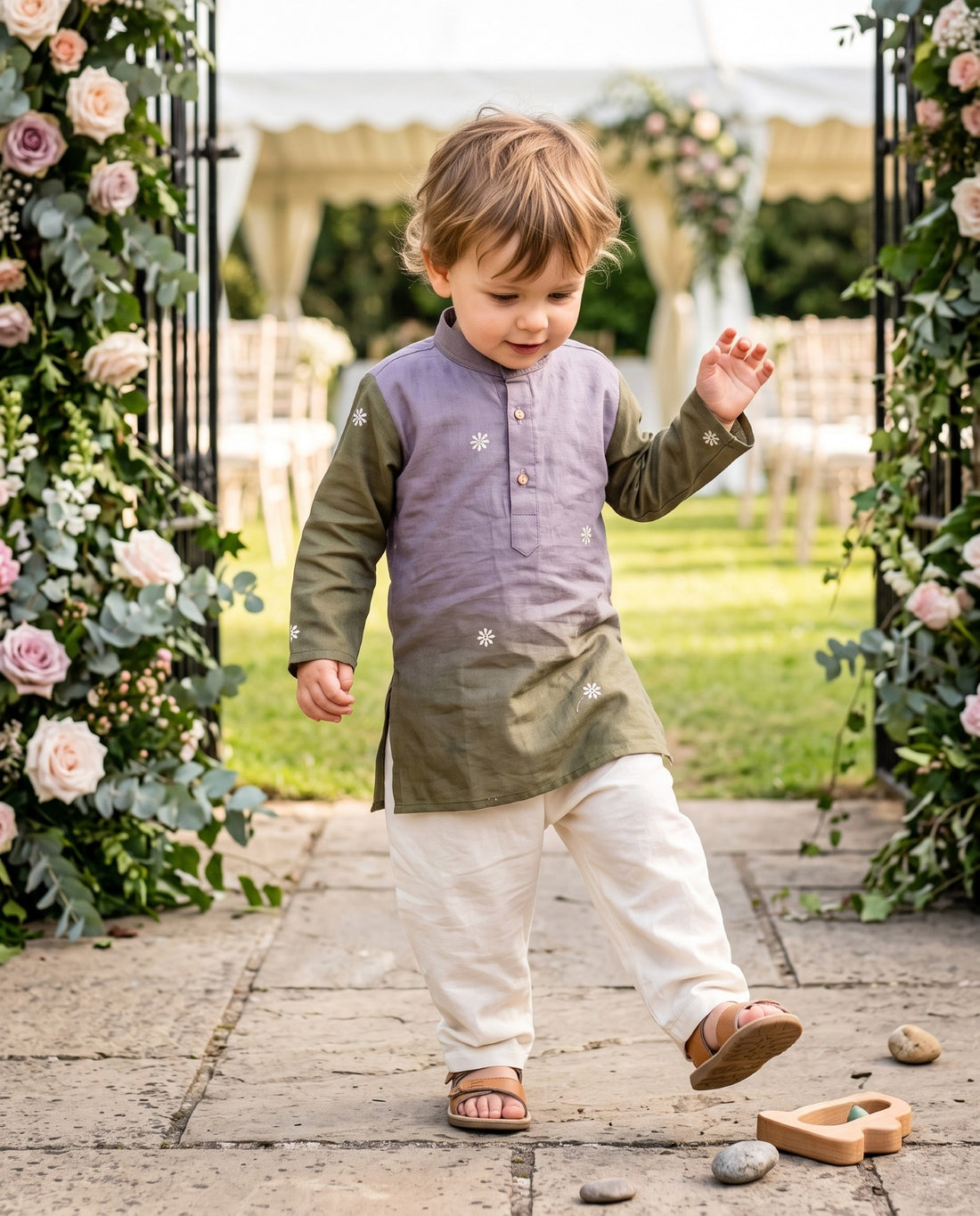 TryBuy lavender and olive Lachka embroidered kids kurta, 2–3 years, playful walking view