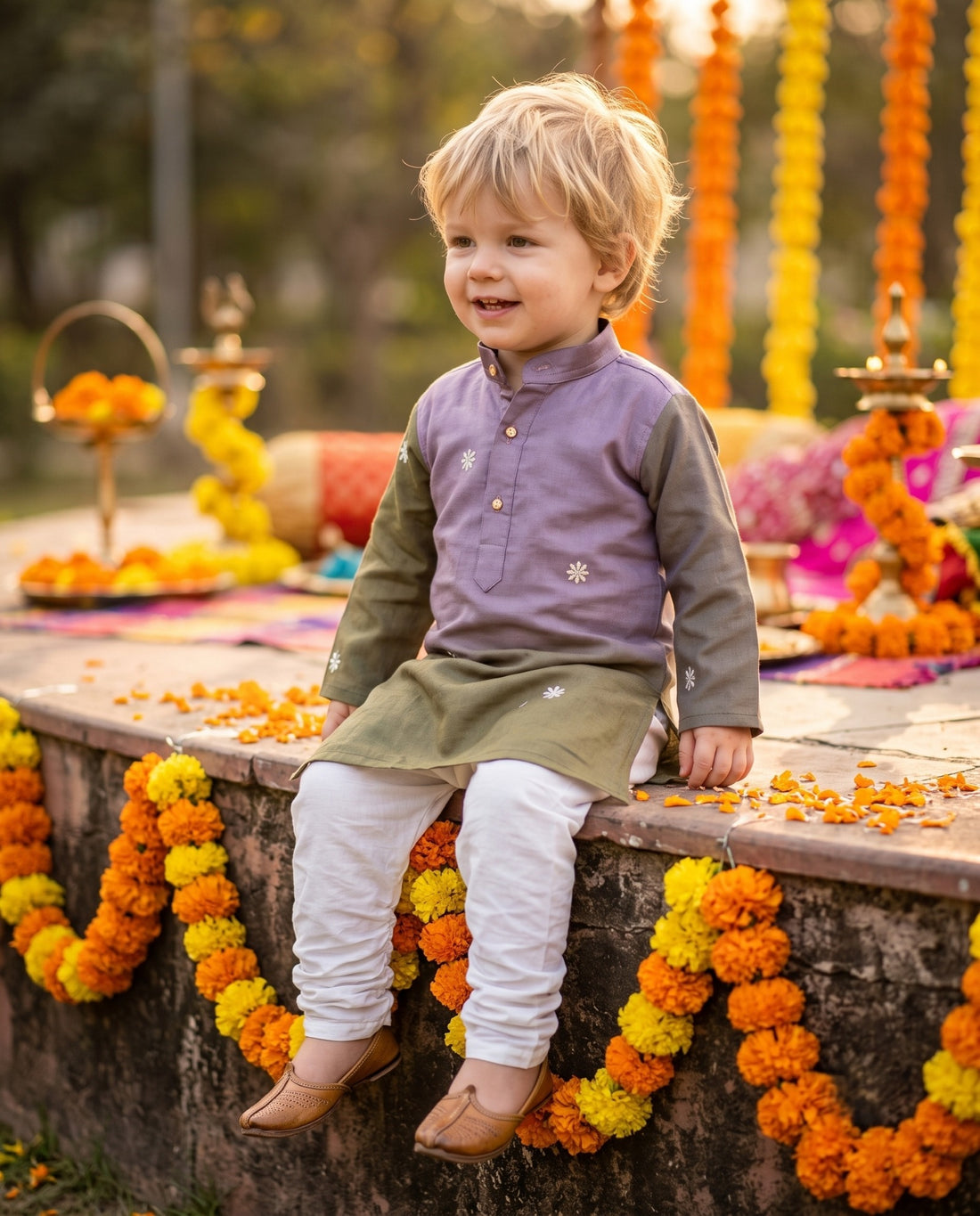 TryBuy lavender and olive Lachka embroidered kids kurta, 2–3 years, seated view