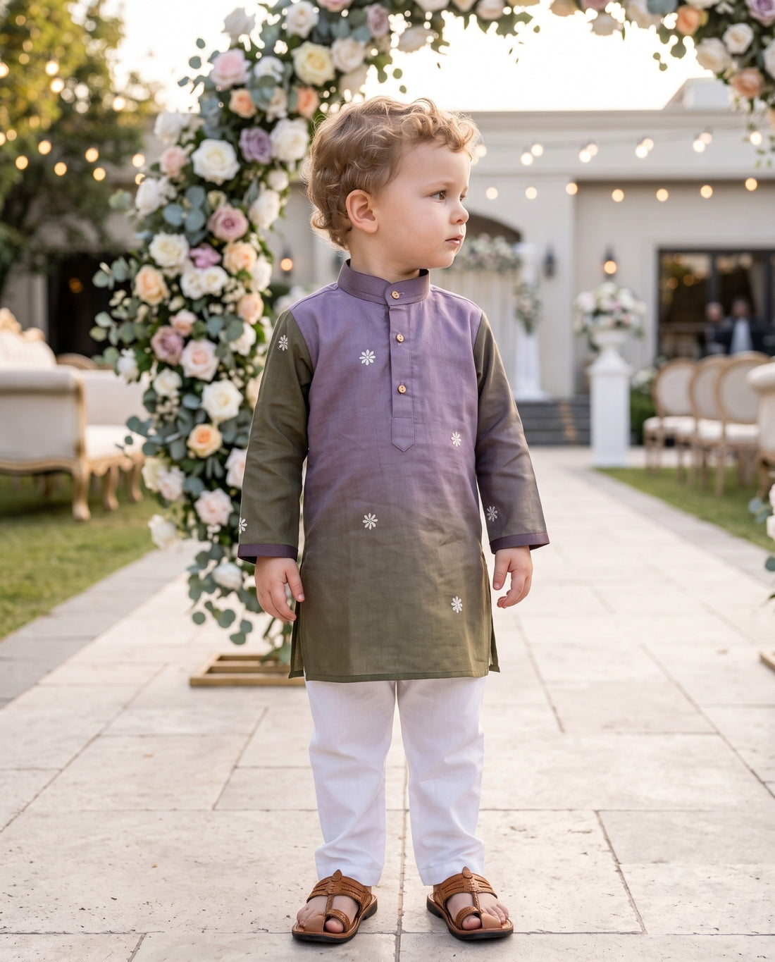 TryBuy lavender and olive Lachka embroidered kids kurta, 2–3 years, three quarter view
