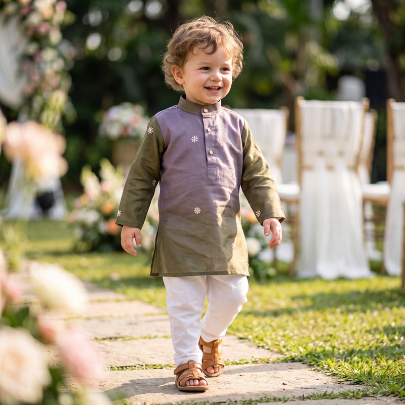 Boys Lavender & Olive Embroidered Lachka Kurta – 2–3 Years 3