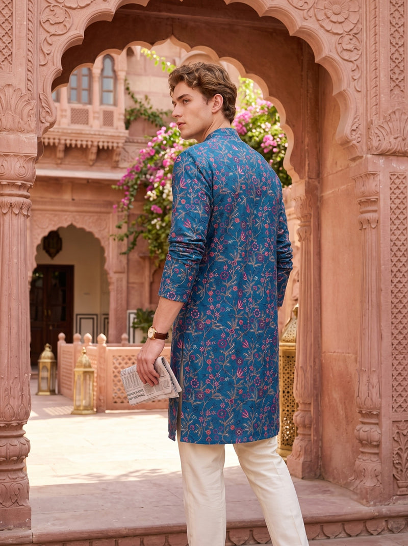 Men’s Teal Blue All-Over Floral Embroidered Cotton Blend Kurta 8