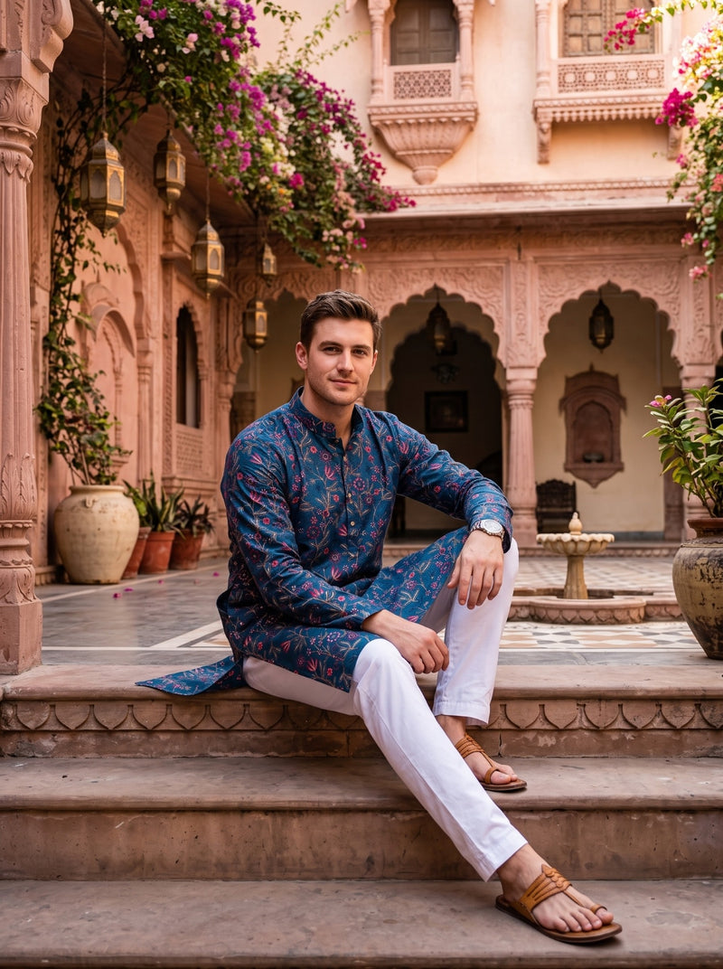Men’s Teal Blue All-Over Floral Embroidered Cotton Blend Kurta 10