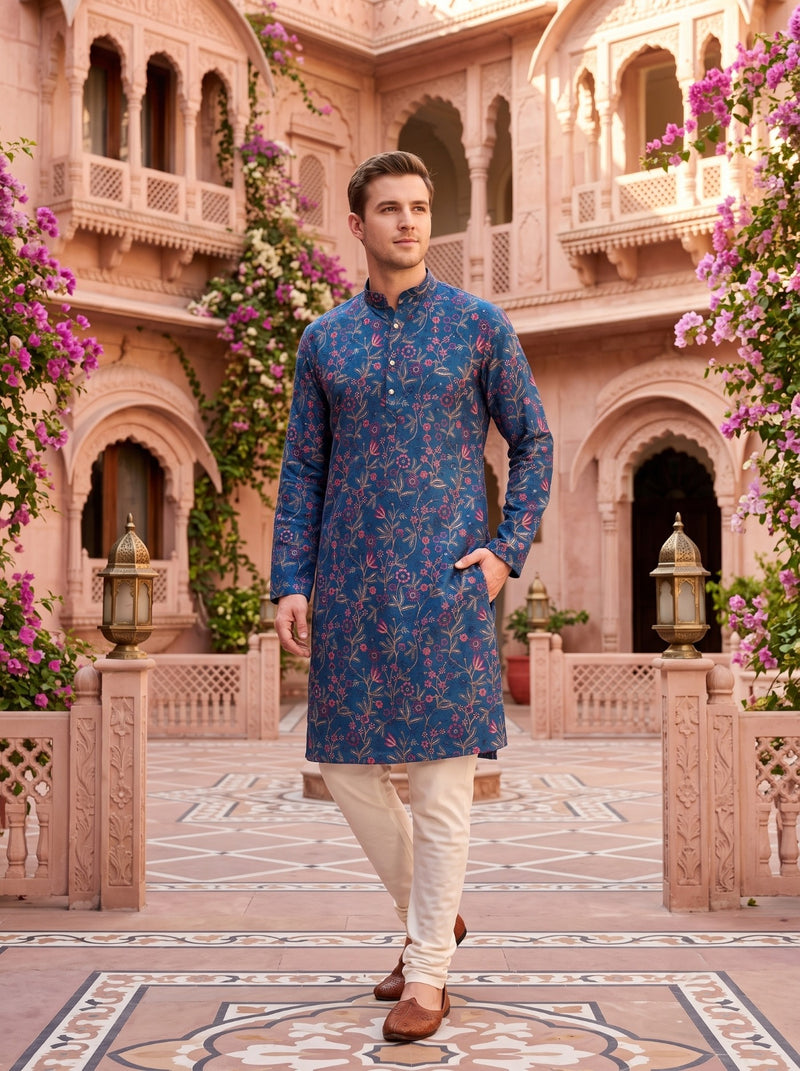 Men’s Teal Blue All-Over Floral Embroidered Cotton Blend Kurta 1